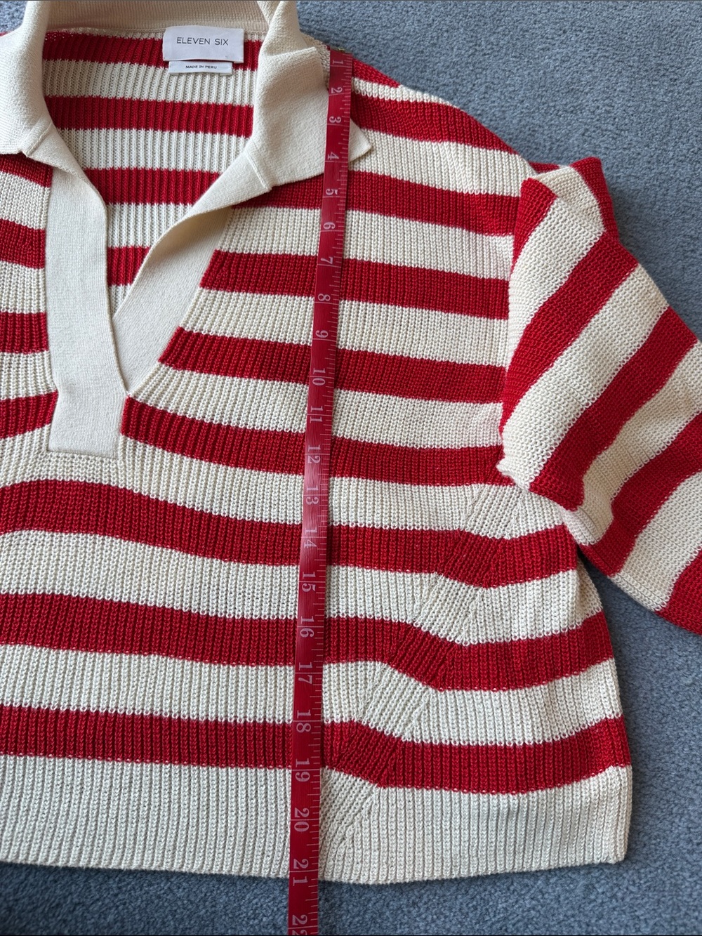 ELEVEN SIX Red & Cream Striped V-Neck Polo Sweater - Picture 6 of 7